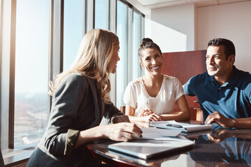Insurance, financial advisor or happy couple at table in meeting for budget, policy update or paper...