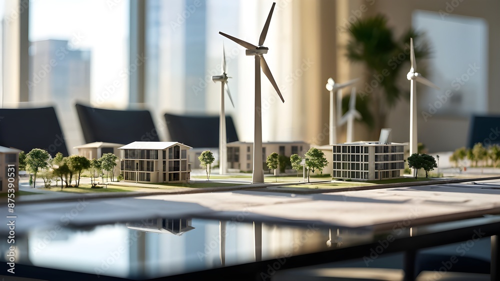 Wall mural wind turbine model on a conference table surrounded by scale model houses