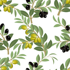 Branches with olives in a pattern.Colored pattern with green and black olives on the branches.