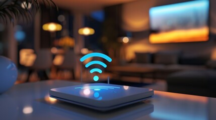 A wifi router in modern smart home, technology, internet, connectivity, network, wireless, device, Wi-Fi access concept.