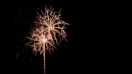 Beautiful white colored fireworks resembling shooting stars on a black background with copy space.