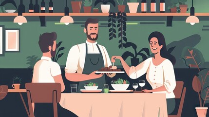 A friendly waiter serving a dish to a couple in a restaurant, representing fine dining and excellent service. Generative AI