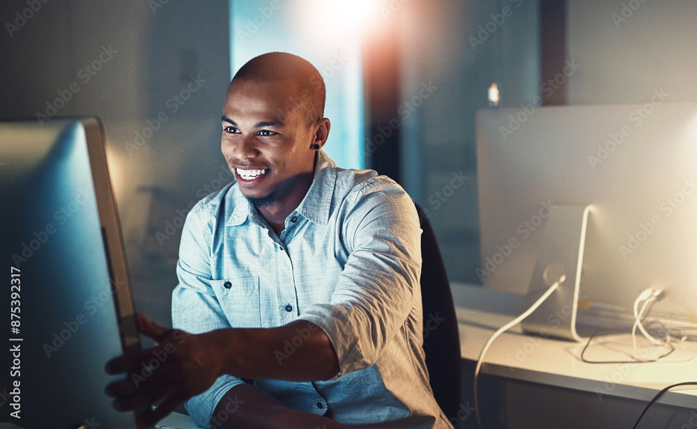 Poster computer, smile and web design with developer black man in office at night for programming or resear