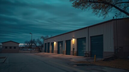 Obraz premium Industrial warehouse with illuminated exterior at dusk evening time.