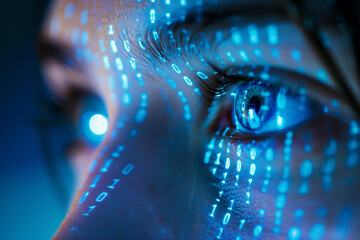 Closeup of a female eye with digital binary code reflections
