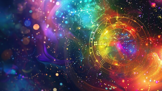 Vibrant cosmic clock overlaid with colorful galaxy background, capturing the essence of time and space in a visually stunning abstract art piece.