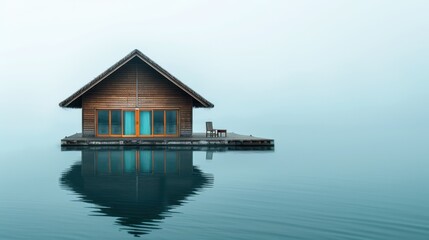 Obraz premium Serene wooden house floating on calm water against clear sky view