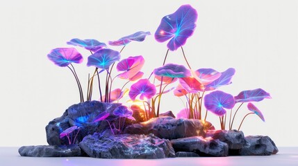 Vibrant, colorful futuristic glowing flowers in fantasy landscape with rock formations, emitting neon light, on white background.
