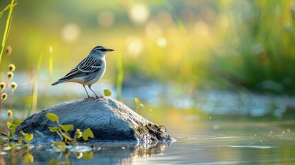 A small bird perched on a rock by a serene pond, with vibrant green foliage and soft, natural light in the background.
