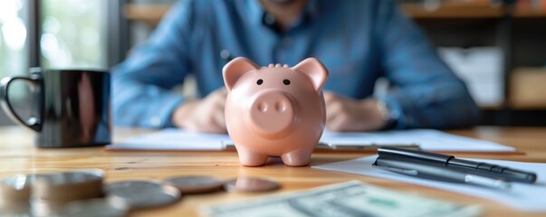 Close-up of a piggy bank on a desk with blurred background showing a person working, money, coins, and documents in the foreground.