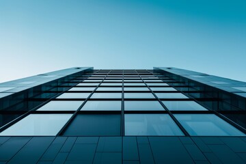 Obraz premium A modern skyscraper with glass facade rises into a clear blue sky, viewed from below in a striking perspective.
