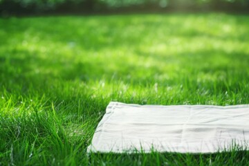 A peaceful scene showing a white blanket on vibrant green grass in a garden setting, perfect for a picnic or outdoor relaxation.