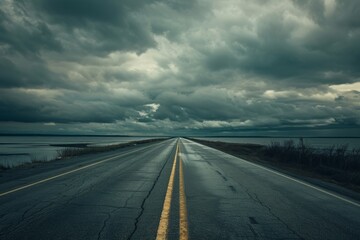 Fototapeta premium A lonely highway stretches towards the horizon under dark, stormy skies. Water flanks both sides of the road, creating a dramatic, moody landscape.