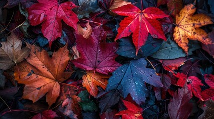 Vibrant autumn leaves scattered on ground in various colors and hues.