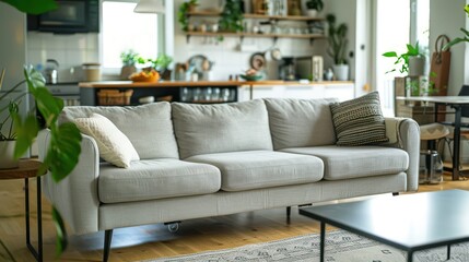 Modern cozy living room with a grey sofa and stylish decor elements