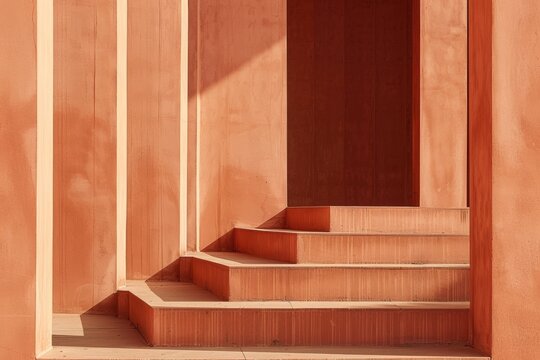 Minimalist architecture with terracotta-colored steps and walls. Geometric shapes create a play of light and shadow in warm, earthy tones.