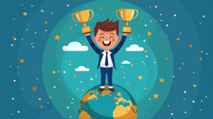 Naklejka premium A joyful cartoon person standing on a globe, holding two trophies with stars around, representing success, achievement, and victory.
