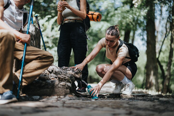 Group of friends on a hiking trip in beautiful nature, pausing for a water break and enjoying the...