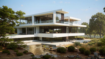 Fototapeta premium arafed modern house with a pond and a waterfall in the front yard