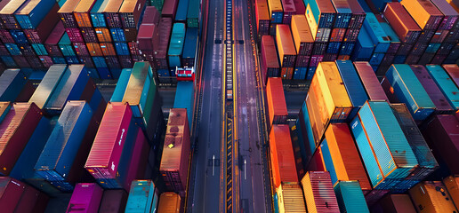 Cargo containers departing and arriving, are organized and stacked at the harbor or bay dockyard. Urban grunge feel design