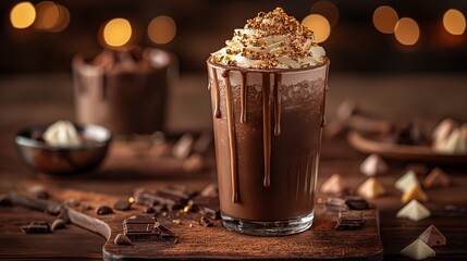 Decadent chocolate milkshake with whipped cream, indulgent style, perfect for dessert and cafe promotions