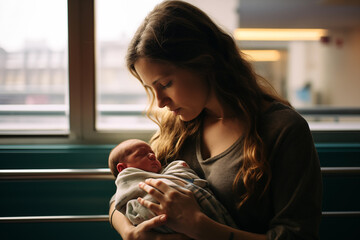 Young mom holding her baby in a hospital hallway