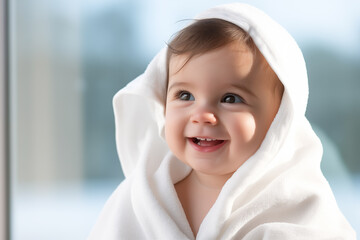 Cute baby boy with a white towel over his head
