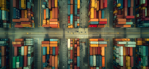 Cargo containers departing and arriving, are organized and stacked at the harbor or bay dockyard. Urban grunge feel design