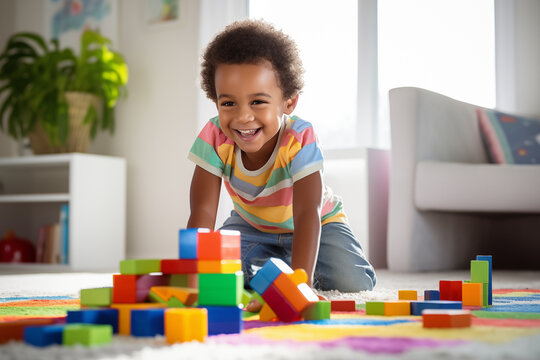 African American boy playing with blocks in his living room
