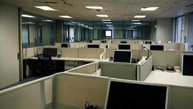 Empty Modern Office Workspace with Cubicles and Computers