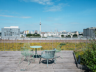 rooftop terrace with a scenic view of Berlin's cityscape, including the iconic TV Tower © Jarama