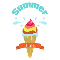 Colored summer icon. Flat style. Ice cream with the word summer time.