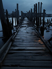 Fototapeta premium Atmospheric and Mysterious Old Wooden Pier Extending into a Foggy Lake Under a Dark and Gloomy Sky