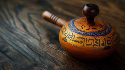 The carved wooden texture of a dreidel with painted Hebrew letters with copy space