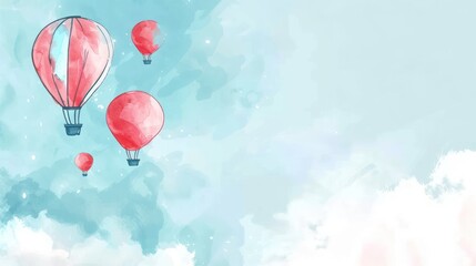 Obraz premium Watercolor hot air balloons floating across the sky with clouds.