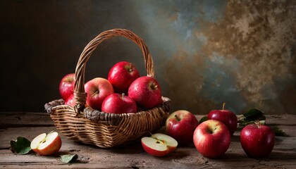 Still life of red apples, on an old vintage oak table.