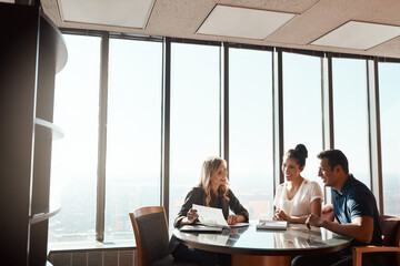 Contract, financial advisor or couple at table in meeting for insurance, policy update or paper in...