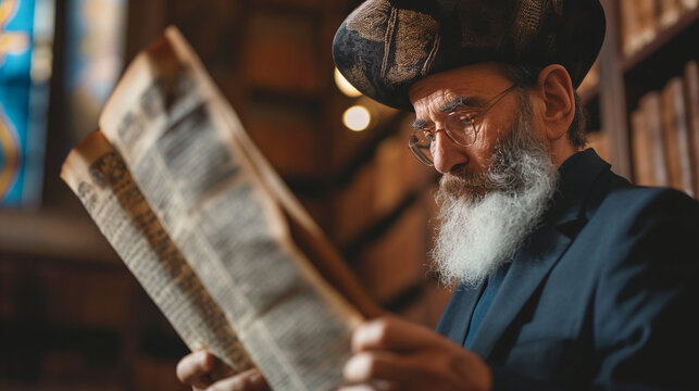 A rabbi or community leader reading from the Torah scroll in a synagogue, highlighting the sacred text with copy space