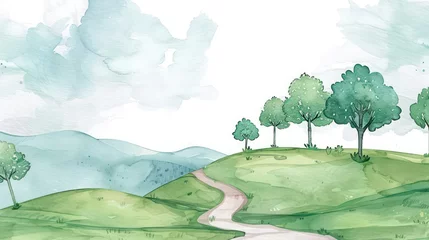 Gardinen Beautiful watercolor landscape with hills, trees, and cloudy sky. © Matthew