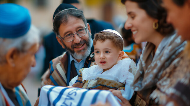 A mohel performing a Brit Milah ceremony with the family gathered around, emphasizing tradition with copy space