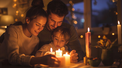 Family lighting Shabbat candles together, creating a warm and intimate scene with copy space
