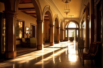 Interior of a hotel corridor with columns and arches lit by sunlight