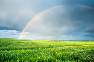 Naklejka premium Scenic view of a lush green field under a dramatic sky with a vibrant rainbow stretching across. Nature's beauty captured perfectly.