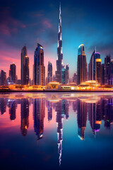 Obraz premium Twilight Hour: Revel in the Glittering Hues of a Bustling Cityscape Reflecting on Tranquil Waters