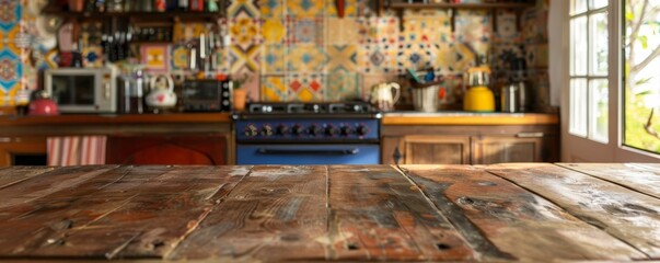 Naklejka premium Rustic Wooden Tabletop with Blurred Kitchen Background