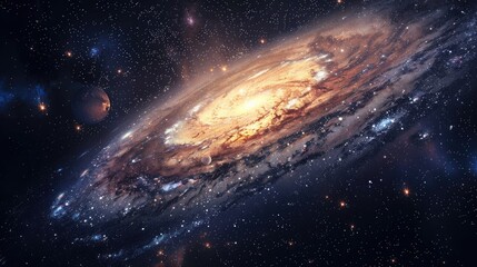 Fototapeta premium Stunning view of a spiral galaxy in deep outer space, showcasing billions of stars, cosmic dust, and planetary systems.