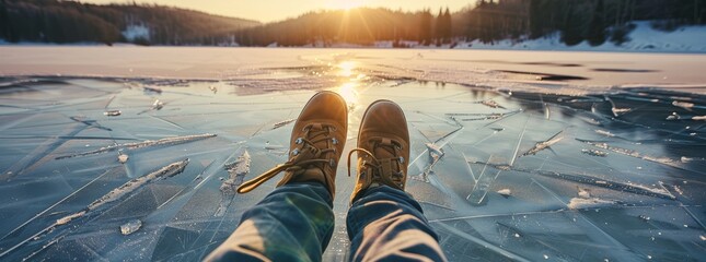 A person is standing on a frozen lake with their feet in the water generated by AI