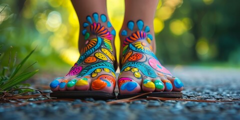 A pair of feet with colorful designs painted on them generated by AI