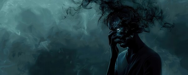 Obraz premium Silhouette of a person in a dark, smoky environment, creating a sense of mystery and intrigue.