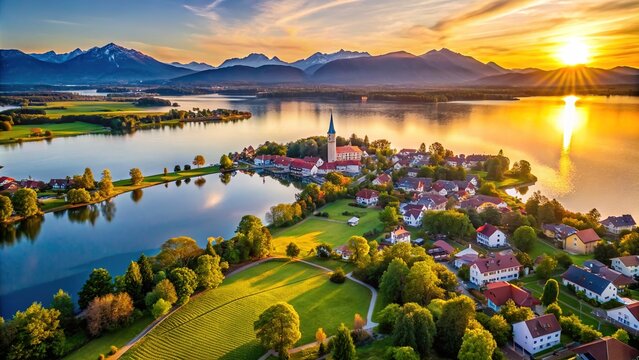 Breathtaking aerial view of Lake Chiemsee in Bavaria during sunset, surrounded by majestic Alps, with picturesque village Chieming nestled on its shores in summer.